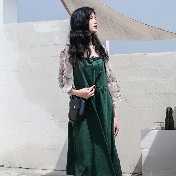 

suspender green casual dresses women's summer small fresh knee skirt cool wind very fairy french minority dress, Black;gray