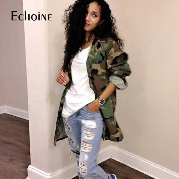 

echoine loose camouflage coat turn-down collar pocket women long sleeve button up casual army green military outwear jacket y0827, Black;brown