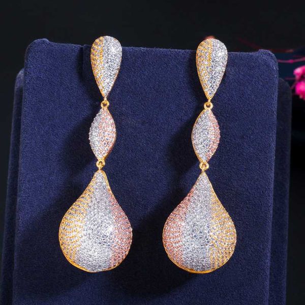 

dangle & chandelier 3 tone gold plated luxury big long water drop disco balls paved micro cz hypoallergenic earrings for women party jewelry, Silver