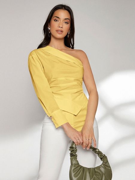 

solid one shoulder hanky hem blouse 66rb#, White