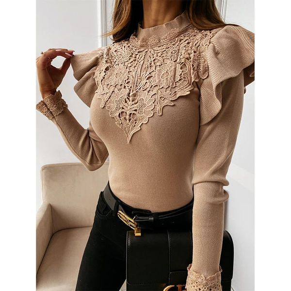 

fashion women bottoming ruffle shirt blouse office lady casual lace o neck ribbed pullover autumn winter long sleeve blusas women's bl, White