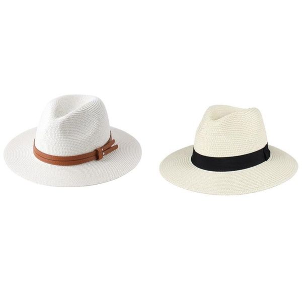 

wide brim hats 2pcs natural panama soft shaped hat with summer ribbon sun foldable, Blue;gray