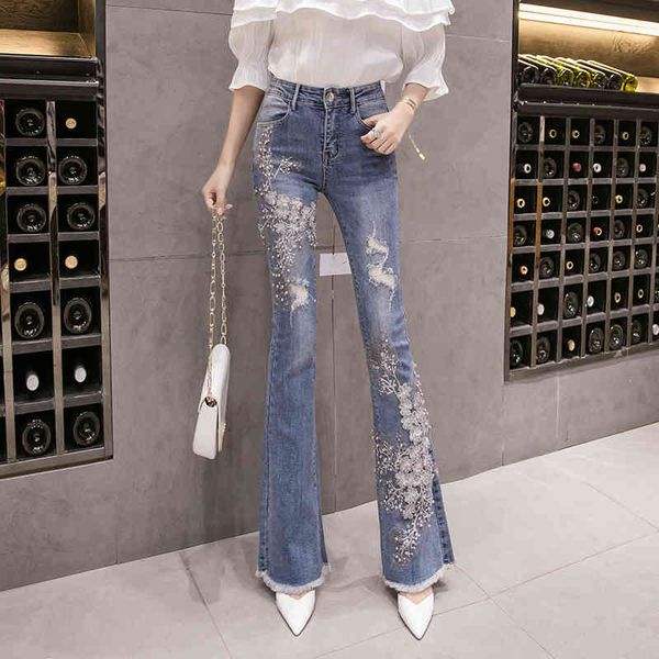 

flare jeans fashion women europe style embroidery flower beading skinny denim pants female jean trousers a3231 210428, Blue