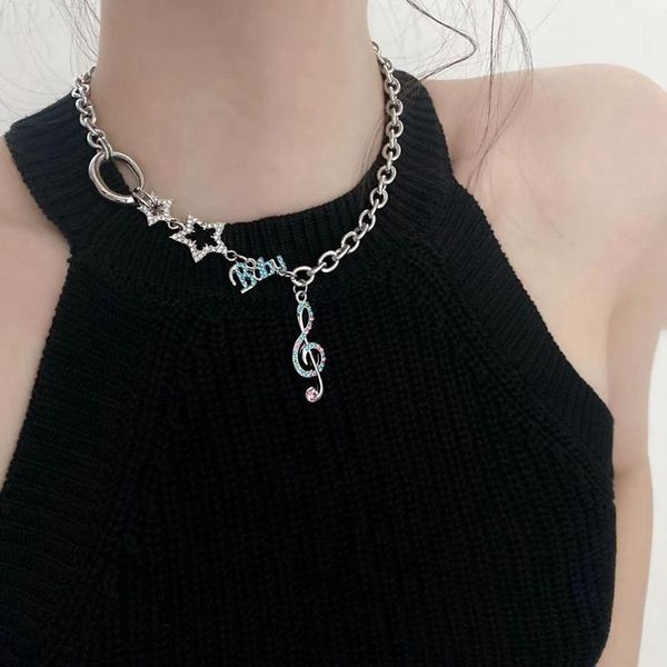 

chokers double-layer note color diamond necklace titanium steel fashion letter hollow star clavicle chain woman pendant jewelry, Golden;silver