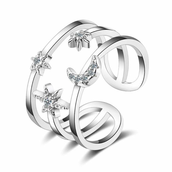 

100% real pure 925 sterling silver crystal moon star double layer rings for women ladies statement jewelry wedding finger ring cluster, Golden;silver