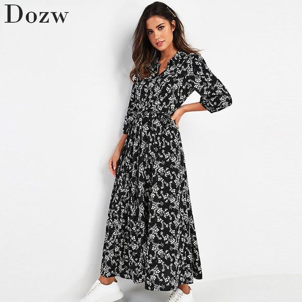 

vintage floral print maxi dress women boho three quarter sleeve long sashes turn down collar casual shirt es robe, Black;gray