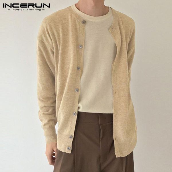 

men's casual shirts men cardigan solid color round neck knitted long sleeve button thin 2021 streetwear clothing incerun s-5xl, White;black
