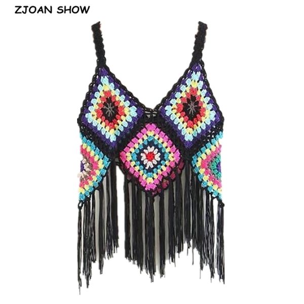 

bohemian handmade hollow out crochet tassel vest holiday style women colored plaid fringed knitted waistcoat coat 210429, White