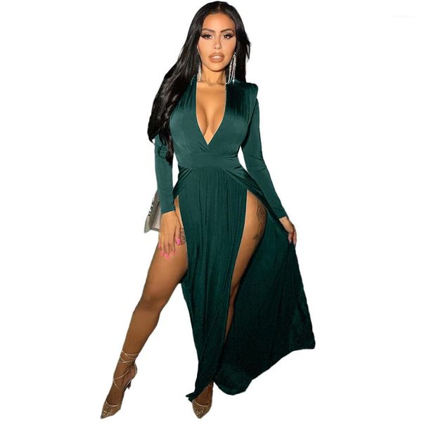 

color long sleeve panelled v neck split dresses women clothes 2021 new womens party dress solid, Black;gray