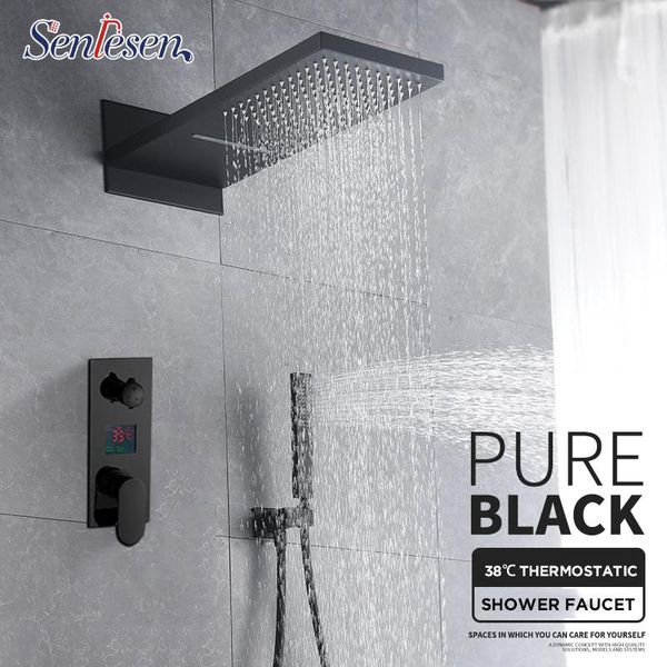 

senlesen black shower faucet digital screen valve wall mount head w/ hand para bathroom sets