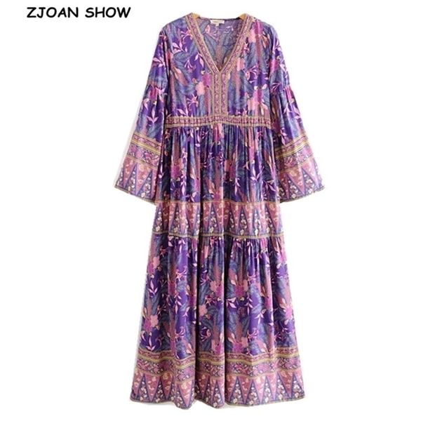 

bohemia v neck purple leaves floral print dress ethnic woman flare long sleeve stitching pleated hem dresses holiday beach 210429, Black;gray