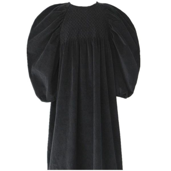 

casual dresses autumn winter vintage puff sleeve corduroy dress women o-neck loose mid calf, Black;gray