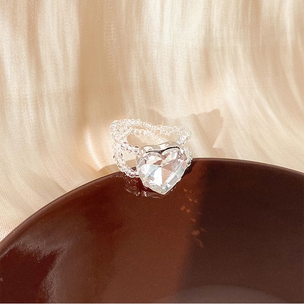 

elastic crystal beaded love ring exaggerated temperament ring fashionable personality sweet girl heart index finger ring, Silver