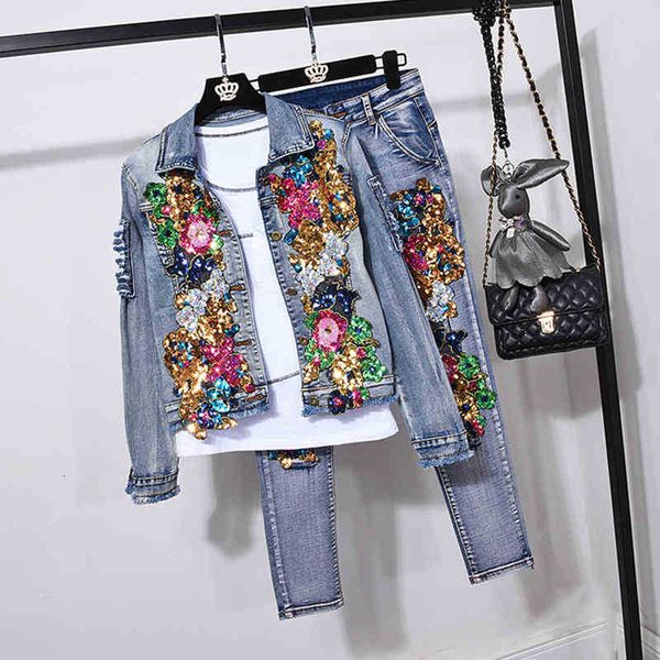 

women's two piece pants fashion sequin flower denim set female loose jeans jacket coat and long 2 women plus size 2pcs stree 7gt7, White