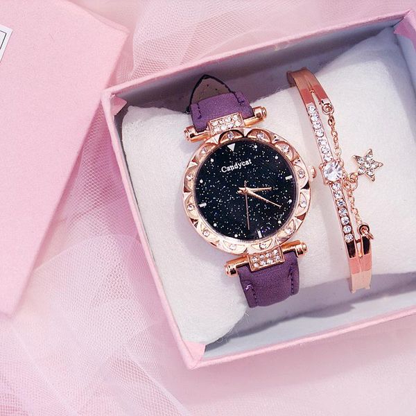 

retro starry sky ladies watch rose gold case diamond women watches bracelet gift box female dress wristwatches, Slivery;brown
