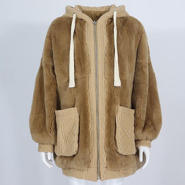 

women's fur & faux menina bonita 2021 winter jacket women real coat natural rex hooded loose outerwear streetwear thick pocket, Black