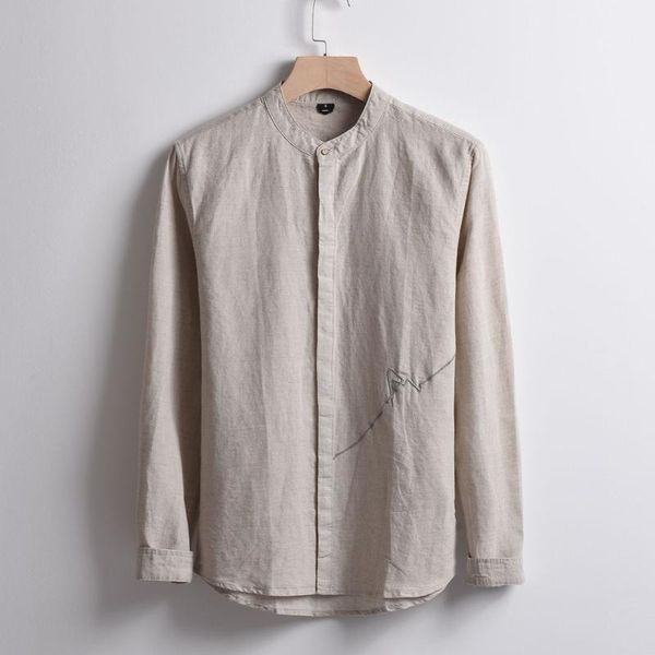 

arrival autumn and spring stand collar khaki shirt men solid brand fashion flax shirts male casual loose mens overhemd men's, White;black