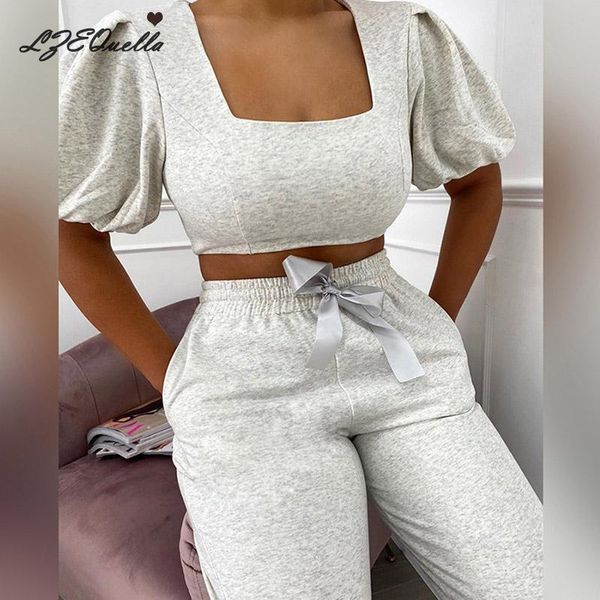 

women's tracksuits lzequella womens sweatshirts 2021 spring autumn oversize short puff sleeve hoodies solid color jackets nz2670, Gray