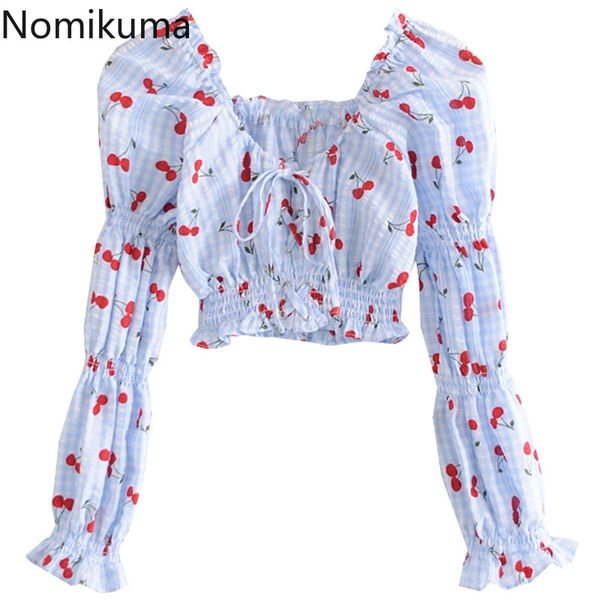 

nomikuma cherry printed blouse women v neck long sleeve crop slim waist drawstring lace up sweet shirts chic blusas 210514, White