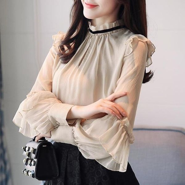 

women's blouses & shirts women blouse vintage autumn shirt o neck female ruffle lace up backless chiffon puff sleeve cloths, White