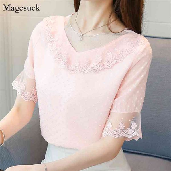 

summer clothes white chiffon women blouse short sleeve casual women's shirt lace loose office ladies blouses blusas 0132 210512