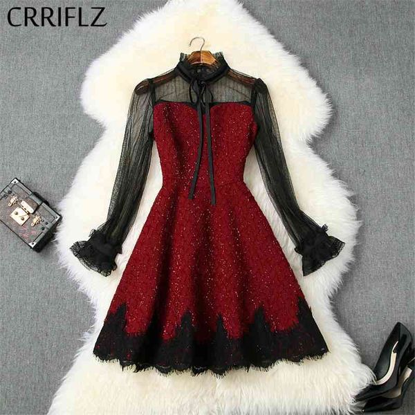 

short mesh women dress lace bright silk patchwork spring bow a-line flare sleeve stand collar party 210520, Black;gray