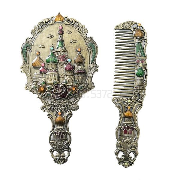 

mirrors household handle mirror comb set cosmetic small retro metal portable hand