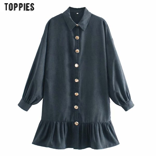 Toppies Abito in pelle scamosciata sintetica vintage Donna Camicia monopetto Abito manica lunga Orlo con volant Mini Vestidos 210412