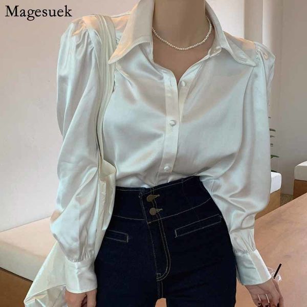 

korean bubble sleeve loose satin button lapel shirt elegant women white chic blouse blusas mujer 12635 220314