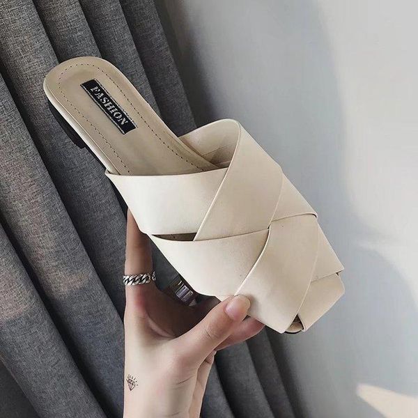 

slippers 2021 summer simple wild woven hollow square head baotou lazy half drag female, Black