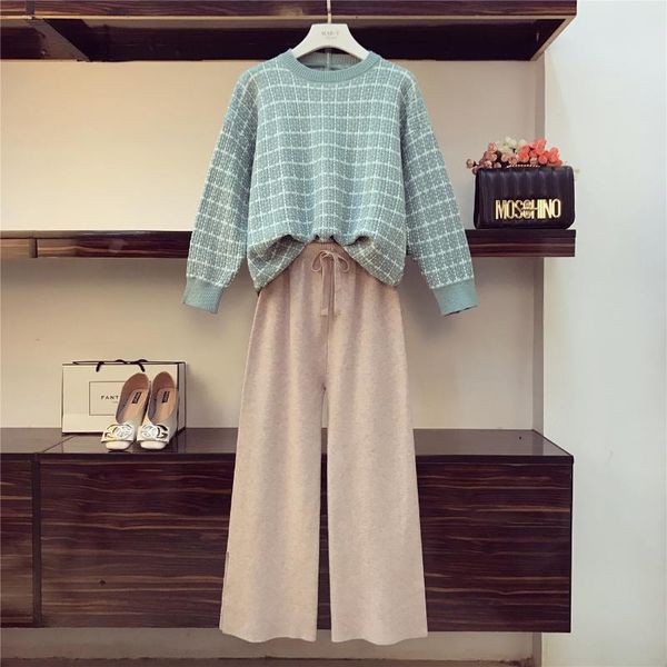 

two piece dress amolapha women knit plaid sweater +pants sets woman fashion jumper pullover trousers costumes suits, White