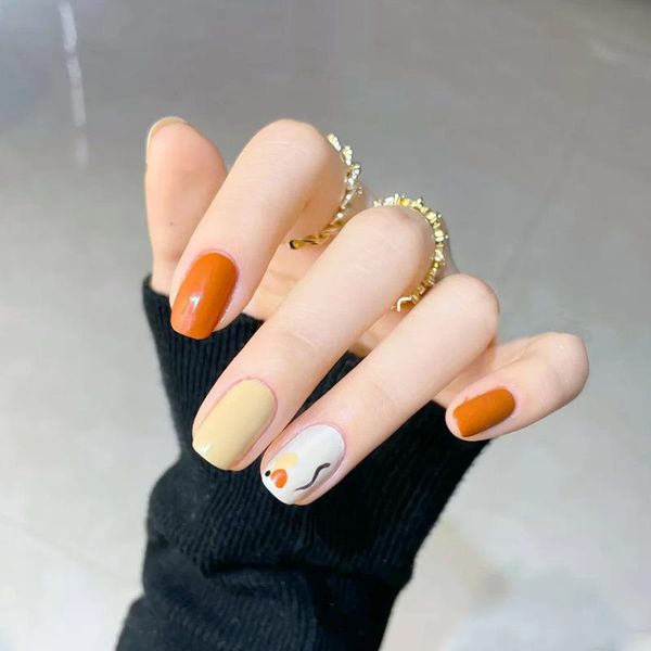 

false nails 24pcs orange graffiti wear long paragraph fashion manicure patch save time wearable nail m88, Red;gold