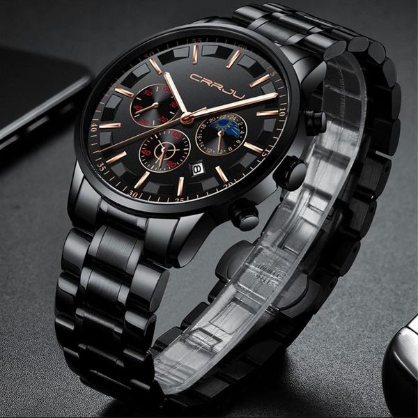 

wristwatches crrju chronograph sport mens watches fashion military waterproof leather quartz watch clock men relogio masculino, Slivery;brown