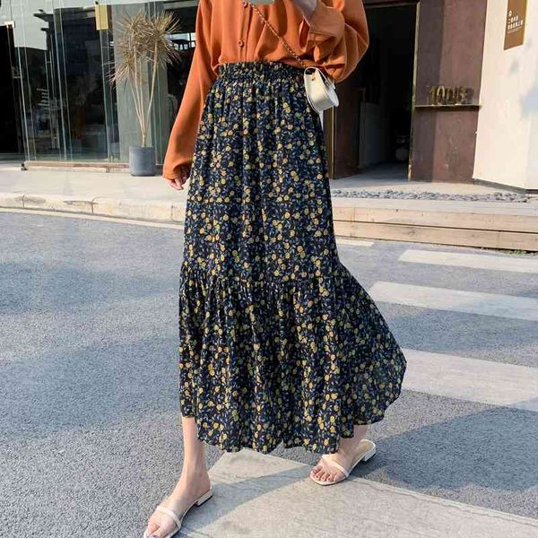 

skirts printing chiffon skirt women summer korean style chic patchwork high waisted casual mid length flower skirt qoa6, Black