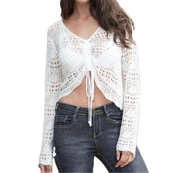 

women's sweaters short sweater 2021 summer fashion crochet blouse with lace-up on the chest long sleeve v-neck trend 193, White;black