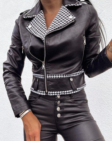 

women's jackets pu leather jacket 2021 fashion streetwear hound tooth print zipper motorcycle coat, Black;brown