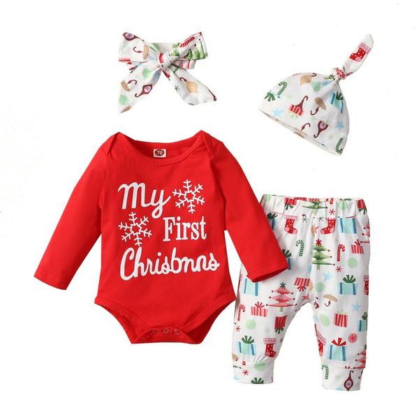 

clothing sets 4pcs baby christmas outfits, letter print long-sleeve romper + pants hat headband for toddler girls, boys, 0-18 months, White