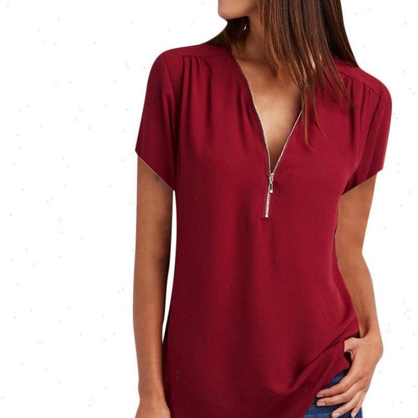 

s 5xl big size women blouses summer chiffon casual streetwear short sleeve blue shirts ladies v neck zipper loose plus, White