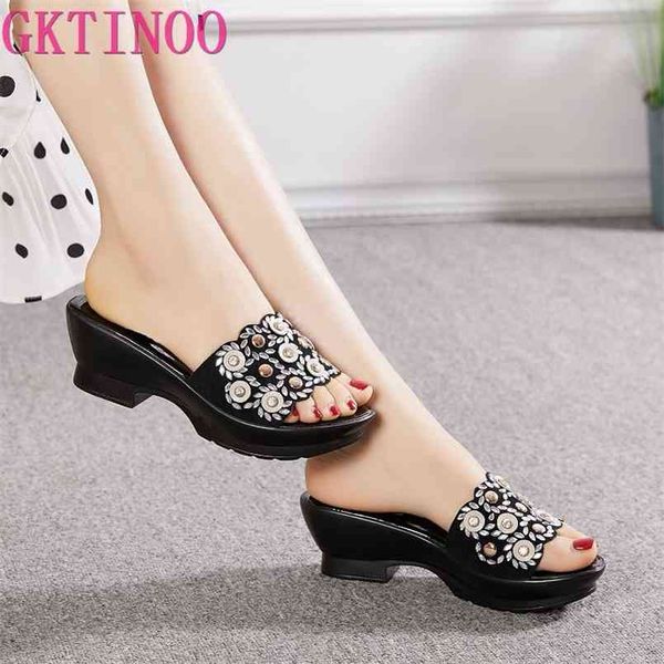 

gktinoo women slipper's ladies summer slippers shoes wedges heels fashion geuine leather 210607, Black