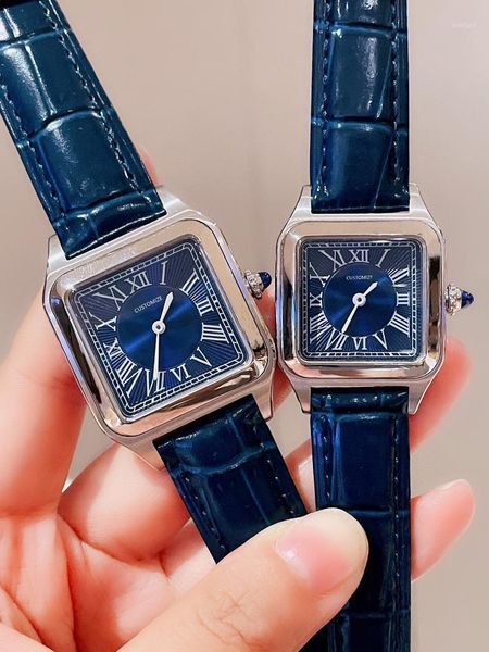 

wristwatches 38mm 43mm couples watch stainless steel roman number dial for women men quartz wristwatch blue black leather, Slivery;brown