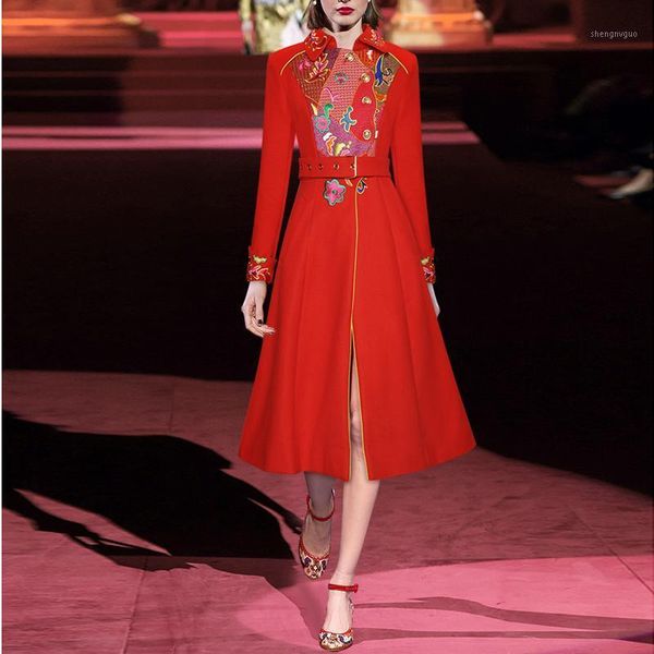 

women embroidery red coat runway black wool coats long outwear women's & blends