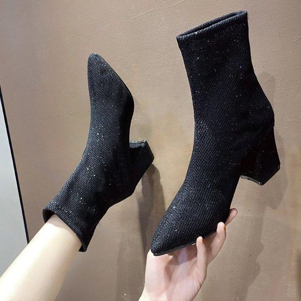 

boots 2021 fashion women ankle autumn winter pointed toe high heels shoes woman casual stretch short, Black