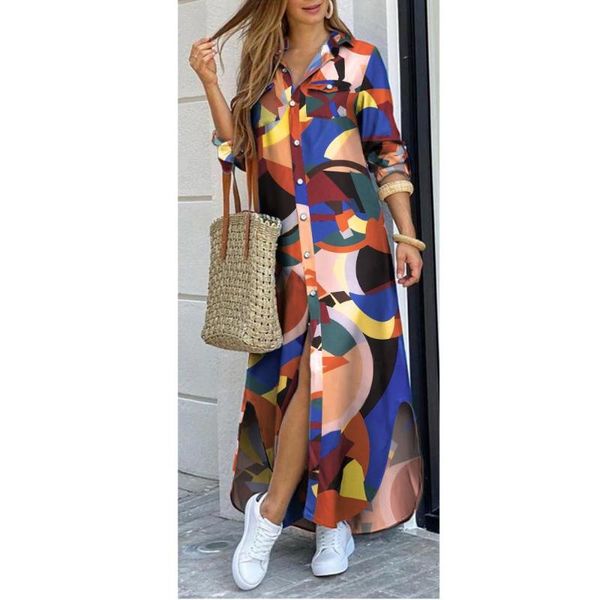 

button down long shirt dress women print lapel neck party casual sleeve maxi loose am2155 dresses, Black;gray