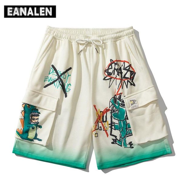 

summer men's tie-dyed graffiti casual shorts loose cartoon anime tooling short sleeve harajuku street basketball running pants, White;black