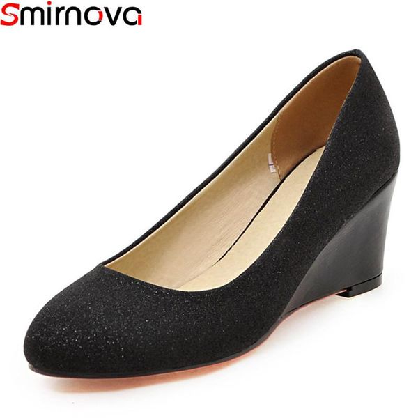 

smirnova plus size 33-43 2021 spring summer concise round toe wedges party shoes solid color slip-on shallow women pumps dress, Black
