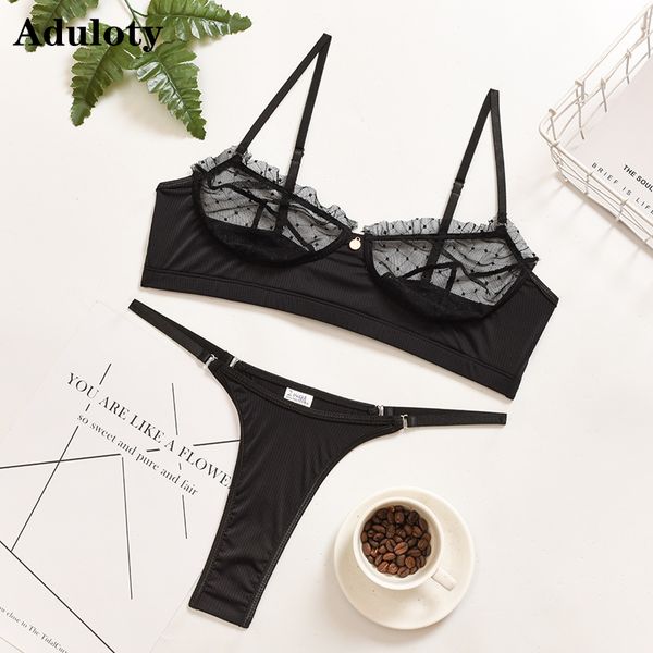 

aduloty womens underwear hollow lace wave point perspective bra set comfortable push-up underwear set thong lingerie set, Black;white