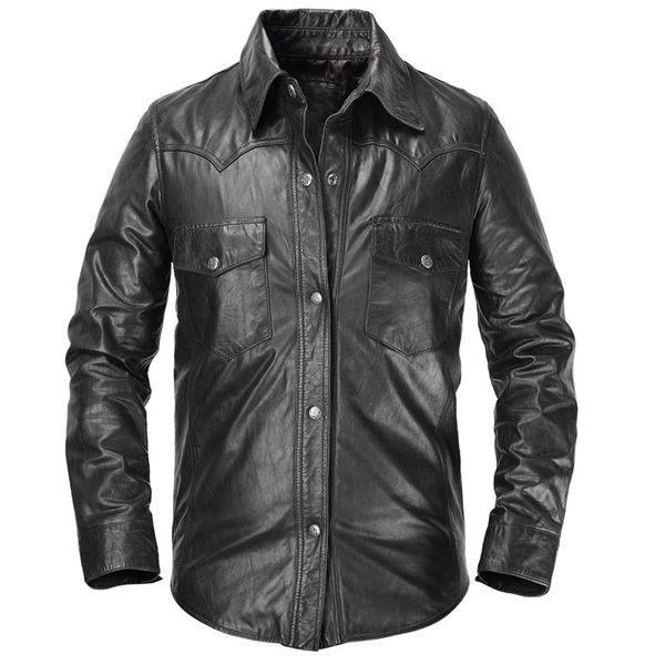 

men's leather & faux 2021 black men slim fit shirt single breasted plus size xxxl genuine thin sheepskin spring natural skirt ig