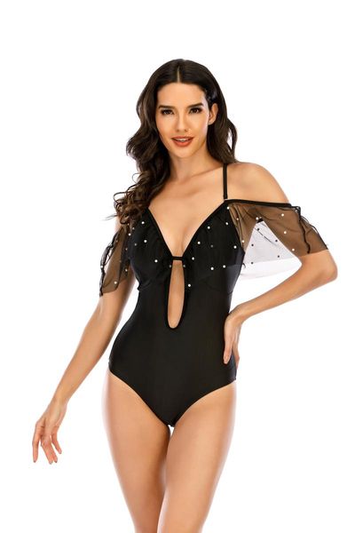 

women's swimwear spot printing swimsuit, classic mesh sleeve sling bodysuit, low collar high waist swimming suit, White;black