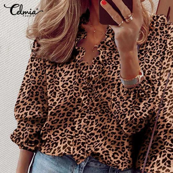 

women's blouses & shirts blouses women fashion leopard print celmia autumn elegant ruffles cotton v-neck long sleeve office blusa alc6, White