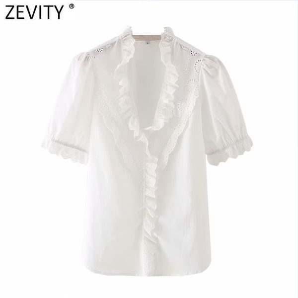 

zevity women sweet lace ruffles hollow out embroidery smock blouse female short sleeve shirts chic casual blusas ls7695 210419, White